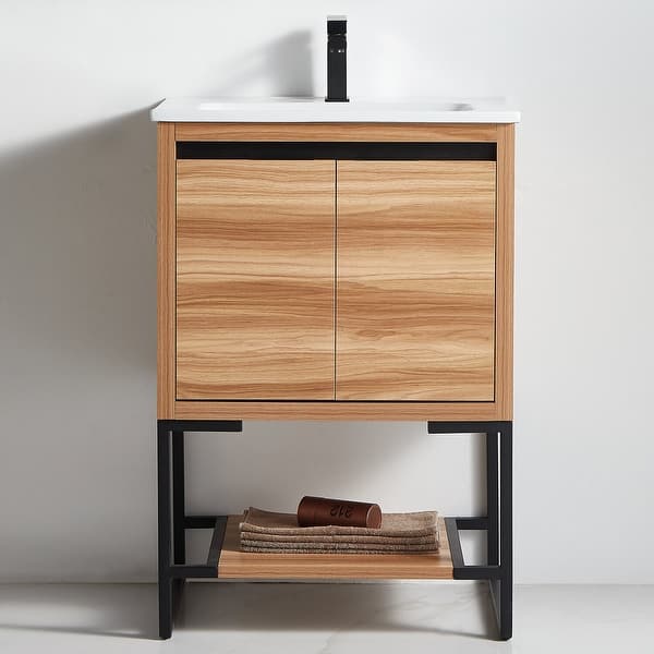 slide 1 of 24, BNK 24" Modern Single Sink Bathroom Vanity with Ceramic Top Set 23.54"W x 18.03"D x 34.25"H - Maple