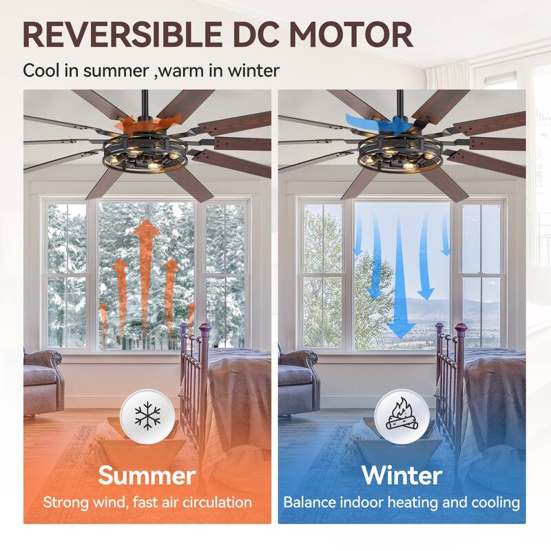 60" Reversible 10-Blade Open-Caged Metal Ceiling Fan with Light and Remote