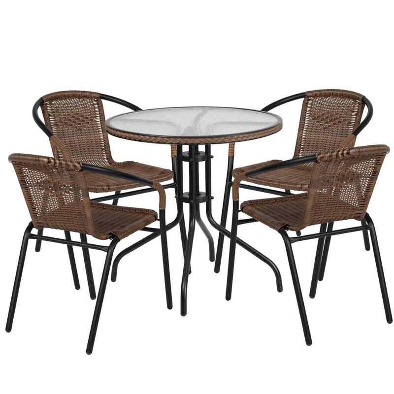 28'' Round Glass Metal Table with Rattan Edging and 4 Rattan Stack Chairs