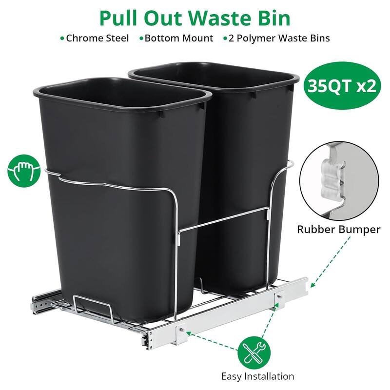 Double Black 2x35QT Pullout Trash Can, Handle Model - Fits Cabinets 16.10x24.8x29.84 inches（Contains two trash cans）