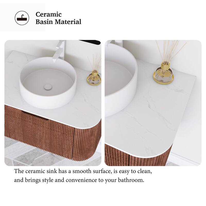 Plywood Wall-Mounted Bathroom Vanity Set with Integrated Ceramic Sink in Natural Wood