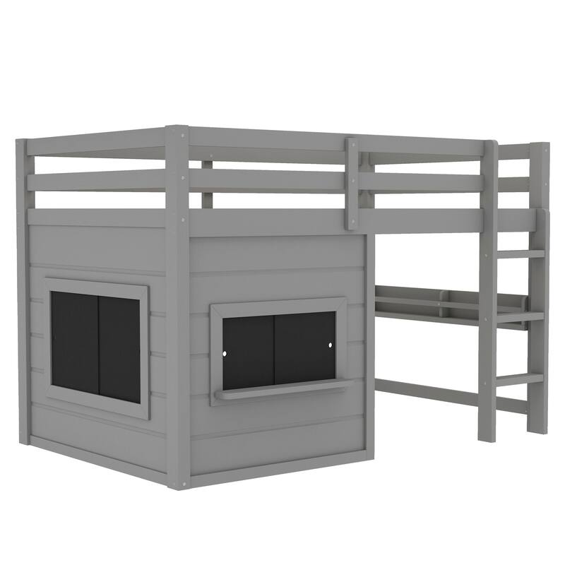 Roomfitters Low Loft Bed with Sliding Chalkboard and Bookshelf, House Frame Design