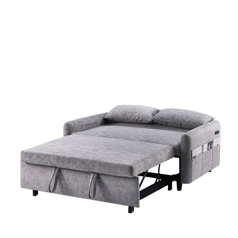 3-in-1 Pull Out Sofa Bed, Couch Bed with Adjsutable Back and Storage Pockets, 2 Seater Sofa with 2 Soft Pillows and USB Ports