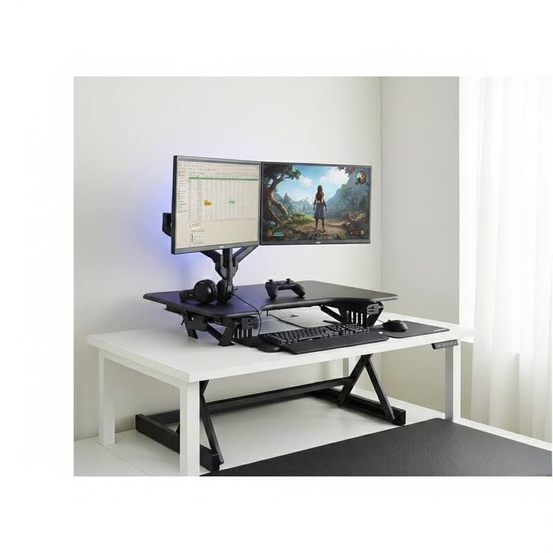Rocelco 32 in. W Black Height Adjustable Standing Desk Converter with Anti Fatigue Mat, Dual Monitor and Gas Spring Tray System
