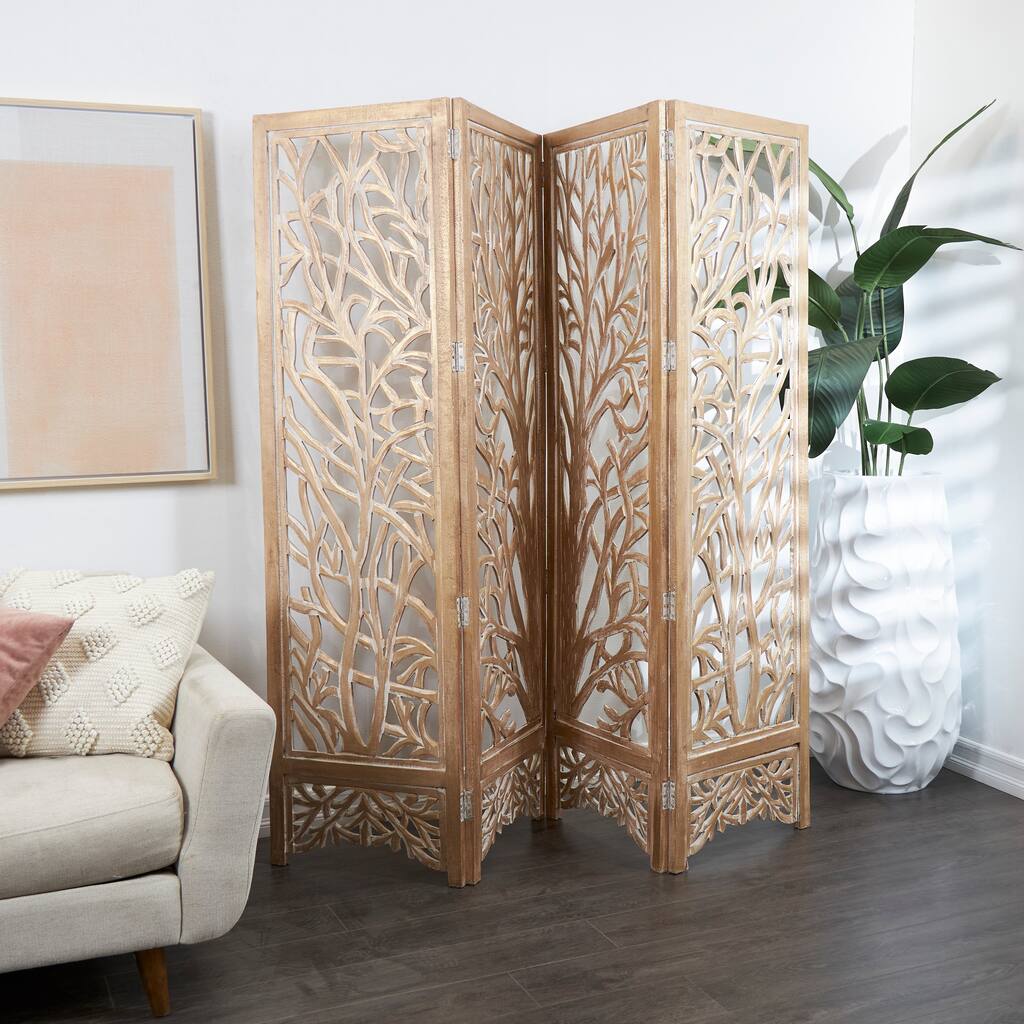 Gold Wooden Hinged Foldable Partition 4 Panel Tree Partition Room ...