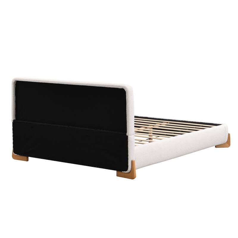 Queen Size Upholstered Bouclé Bed with Solid Wood Legs, Elegant White Platform Bed with Durable Support and Timeless Design