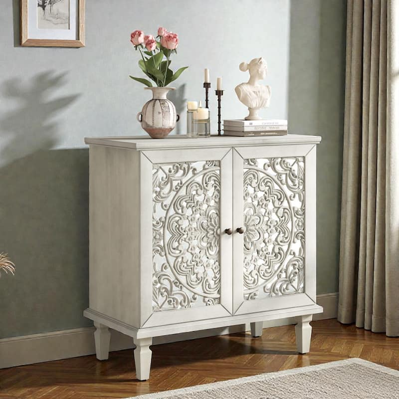 Vintage Hollow-Carved 2-Door Accent Cabinet with Floral Design, Adjustable Shelf and Solid Wood Legs, 31.5'' Sideboard