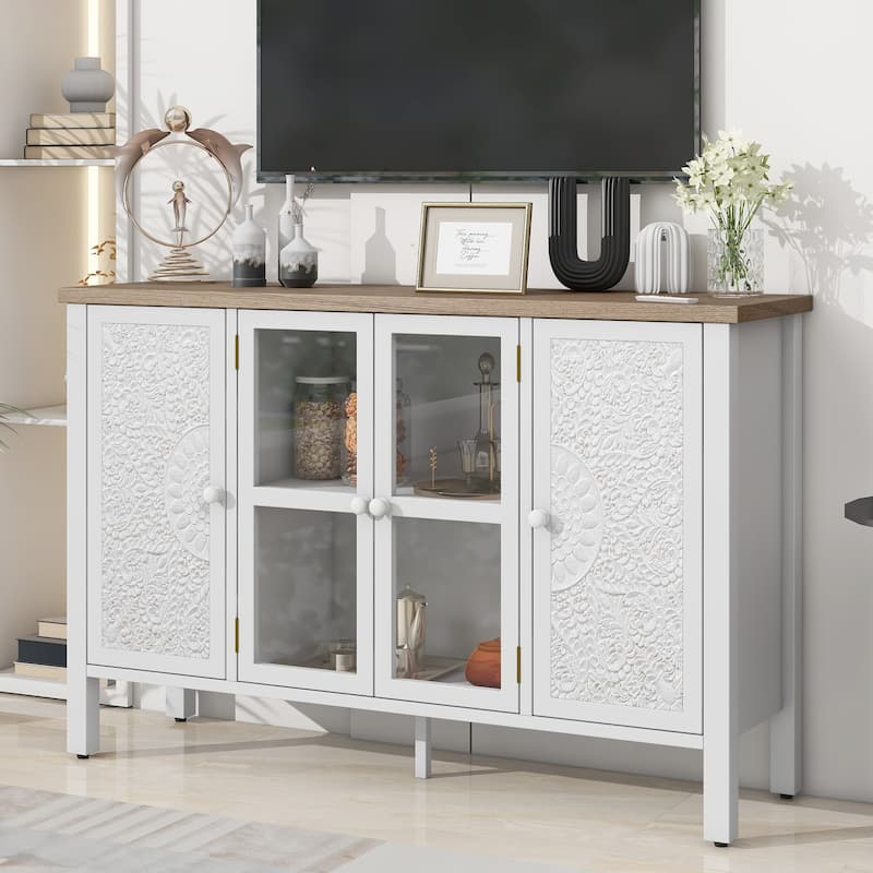 47.2" Retro TV Stand for TVs up to 43'' w/ 3 Cabinets, Glass Doors