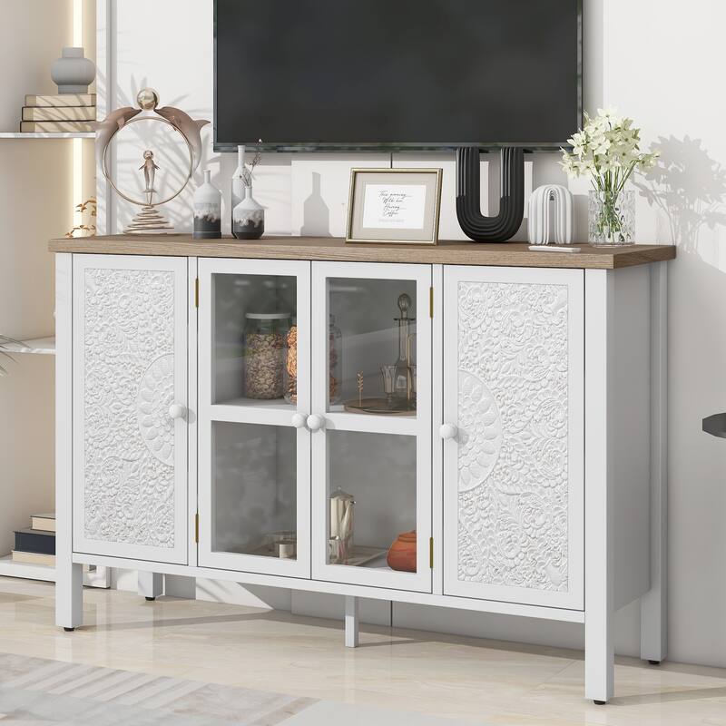 47.2'' Retro TV Stand with Adjustable Shelves, Entertainment Center Media Console with Glass Cabinet Doors & Anti-tip Device