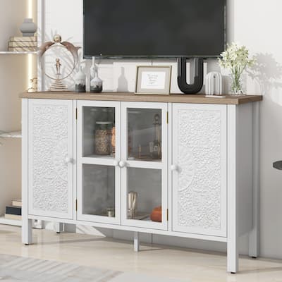 TV Stand with Glass Cabinet Doors, Entertainment Center with Adjustable Shelves, Media Console with Rectangular Legs
