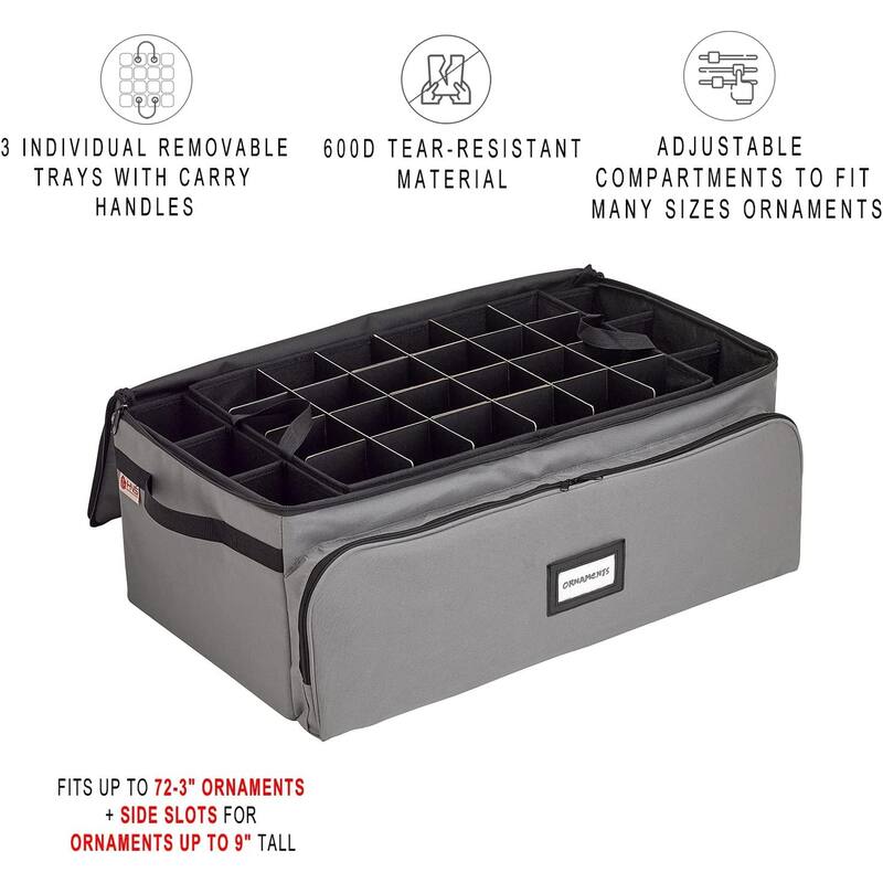 Premium Christmas Ornament Storage Box - Hold Up to 72 - 3 Inch Ornaments, + 8 Side Slots for Figurines, Nutcrackers, etc.