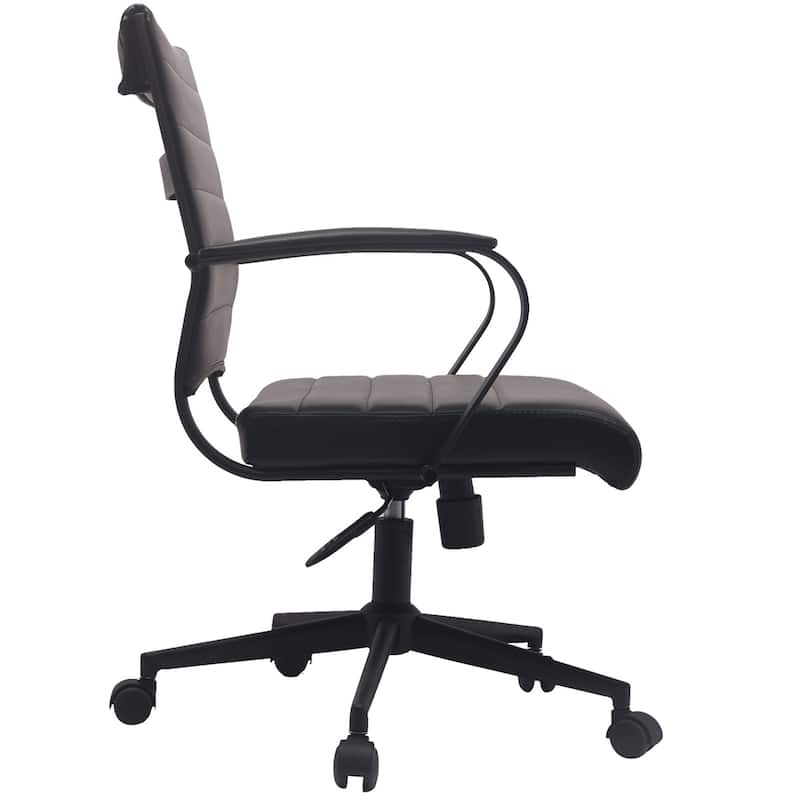 Black Office Chairs Mid Back Ribbed PU Leather Executive Task Work Conference With Arms Wheels Tilt Swivel Rolling