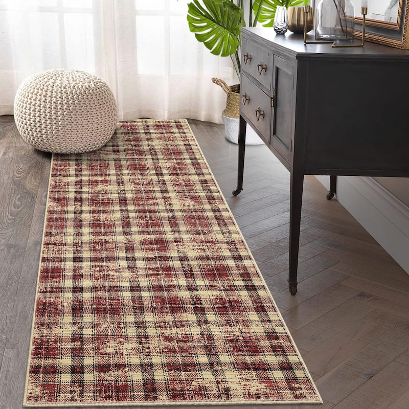 Garvee Earthy Plaid Soft Low Pile Foldable Area Rug - 2'x8' - Red