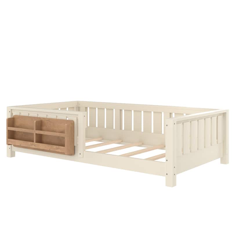 Low Profile Montessori Bed Floor Platform Bed with Fence and Bookshelf