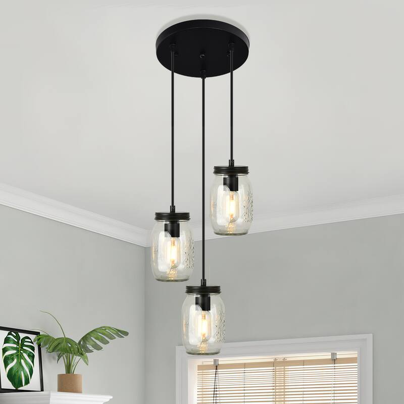 Starsky 3-Light Modern Farmhouse Adjustable Wire Abstract Ceiling Light Cluster Black Mason Jar Chandelier - Black