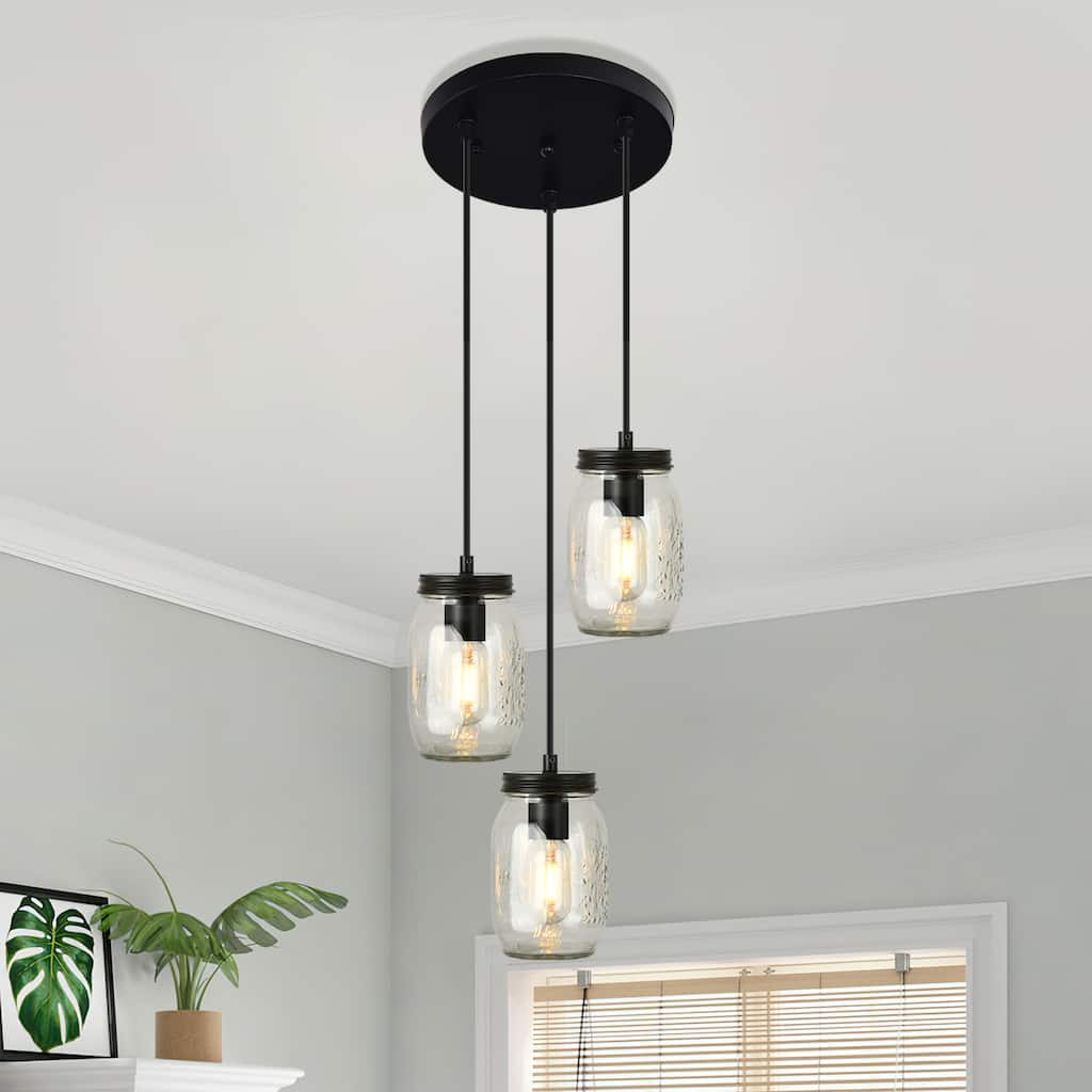 Starsky 3-Light Modern Farmhouse Adjustable Wire Abstract Ceiling Light Cluster Black Mason Jar Chandelier