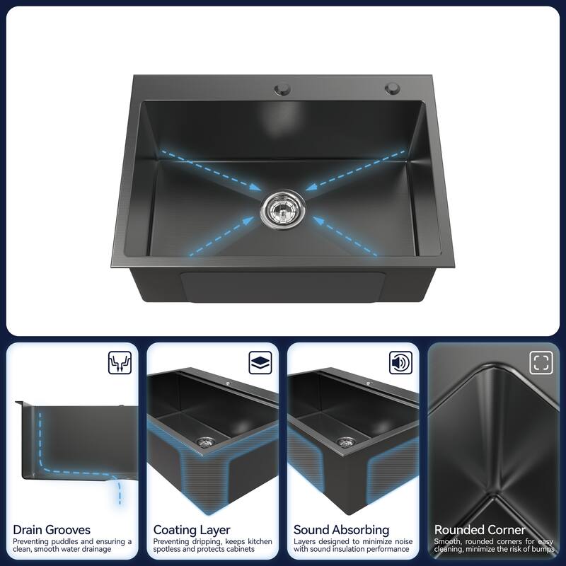 Modern Black 27 Inch Single Bowl Countertop Kitchen Sink 304 Stainless Steel Overmount with Lift and Turn Drain