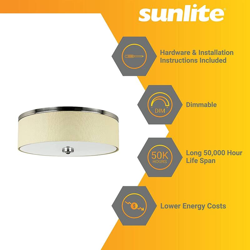 Sunlite 17 in. Brushed Nickel Fabric Drum LED Flush Mount Lighting Fixture, Color Selectable LED 2700K 3000K 3500K 4000K 5000K