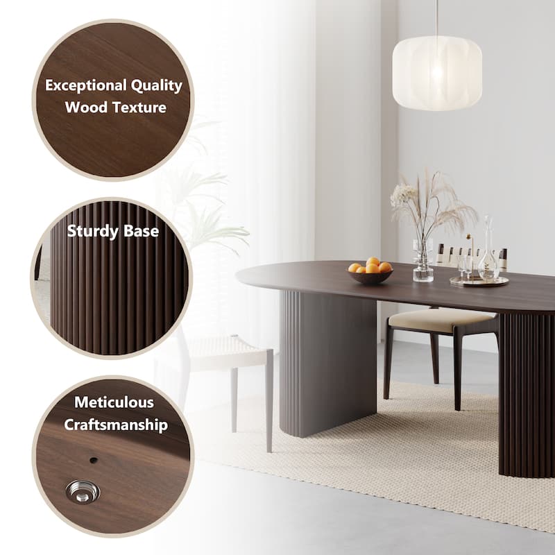 Modern Oval Wooden Dining Table - 79" Large Size, Sturdy Fluted Base, Natural Oak Finish for Dining Room