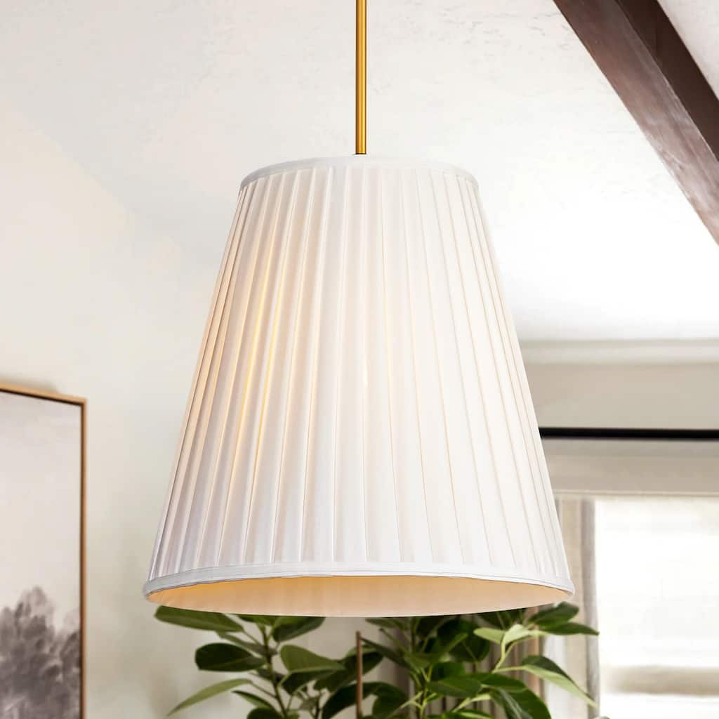 1-Light Modern Elegant Double-Layered White Bell Cone Fabric Shade Pendant in Painted Gold