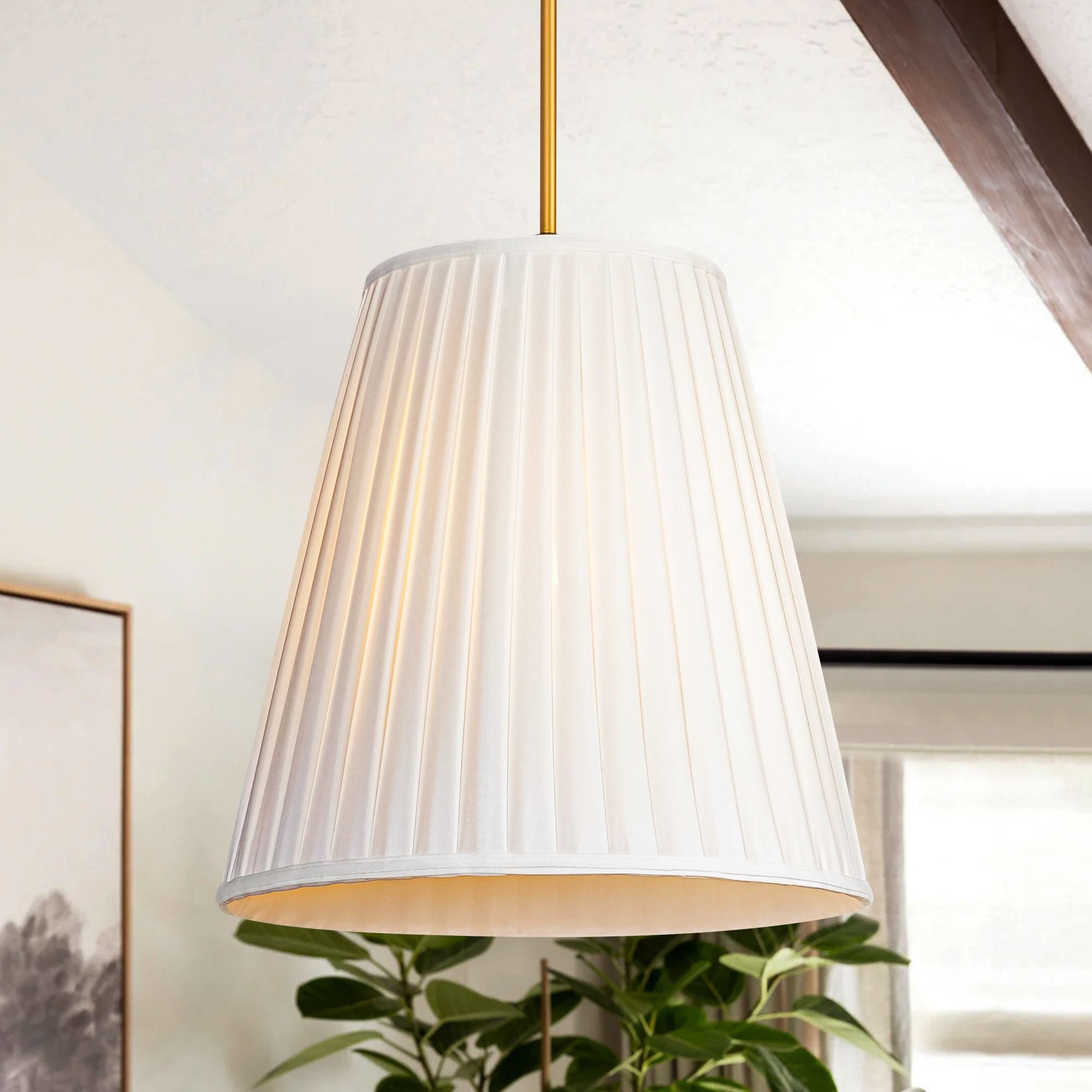 1-Light Modern Elegant Double-Layered White Bell Cone Fabric Shade Pendant in Painted Gold