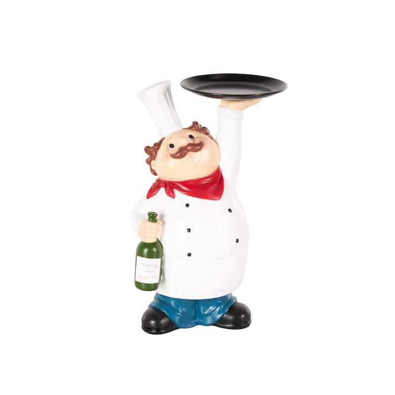 White Polystone Kitchen Decorative Figurine Chef Decorative Sculpture with Black Tray and Green Bottle