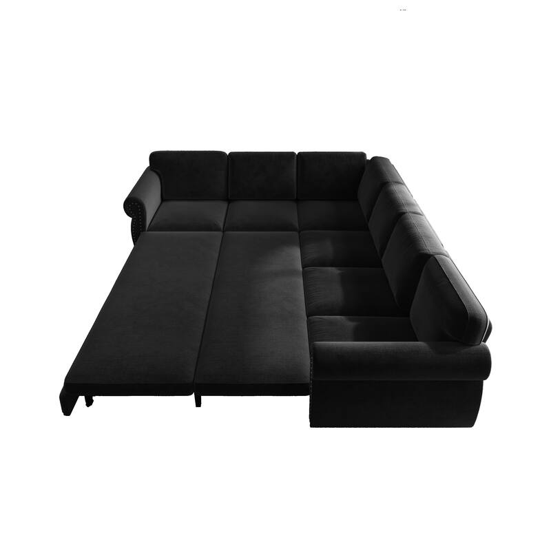 L-Shaped Sectional Sofa with Pull-Out Bed, Oversize Convertible Sleeper Sofa with Rolled Arms, Chenille Upholstery