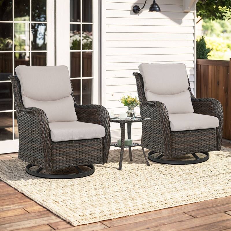 3 Pieces Outdoor Gliders Swivel Chairs with Table with 5-Inch Thick Cushions - Brown Rattan - Beige Cushion - 3PCS Swivel Chairs with Table