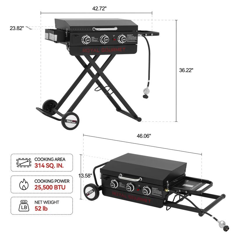 Royal Gourmet Portable 3-Burner Griddle with Collapsible Stand