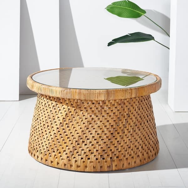 slide 2 of 8, SAFAVIEH Couture Lianne Tropical Coastal Boho Rattan Round Coffee Table - 32 in. W x 32 in. D x 18 in. H
