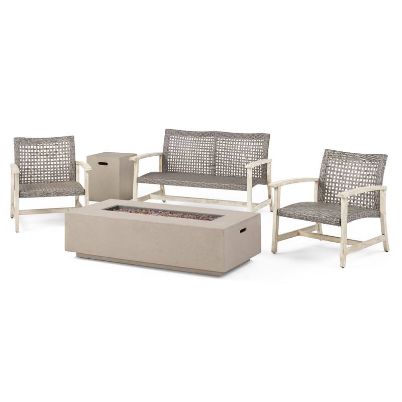 Augusta Outdoor Acacia Wood and Wicker 4 Seater Chat Set with Fire Pit by Christopher Knight Home