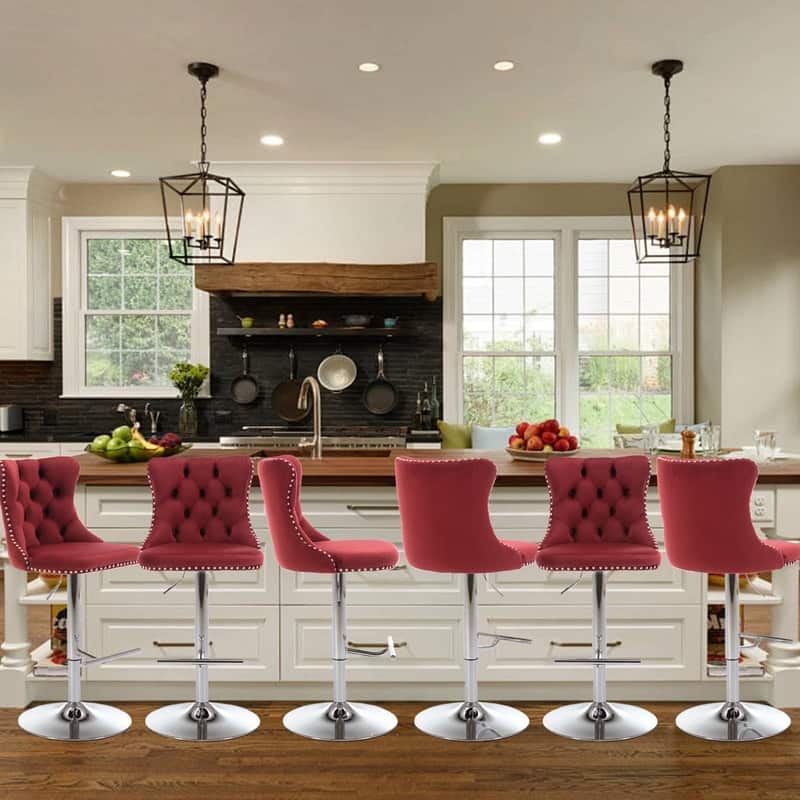 Velvet Upholstered Nailheads Tufted Swivel Bar Stools (Set of 6) - Burgundy SliverBase