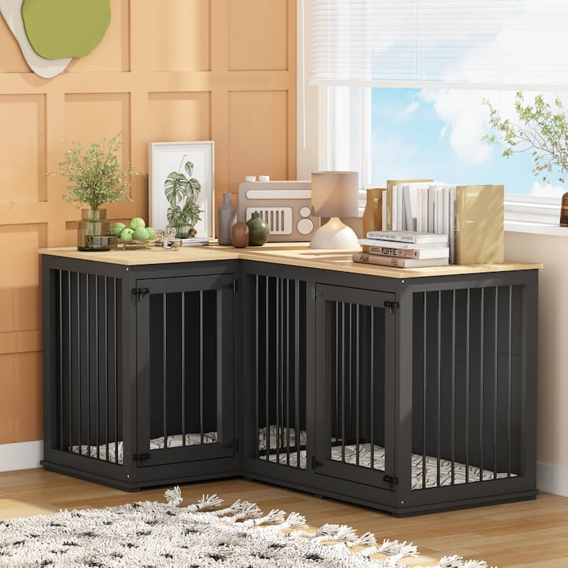 Corner Dog Crate Furniture for 2 Dogs with Double Rooms & Divider