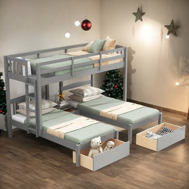 Soild Pine Wood Twin over Twin & Twin 3 in 1 Kids Bed Bunk Bed with Two Drawers and Built-in Middle Drawer Kids Furniture, Gray