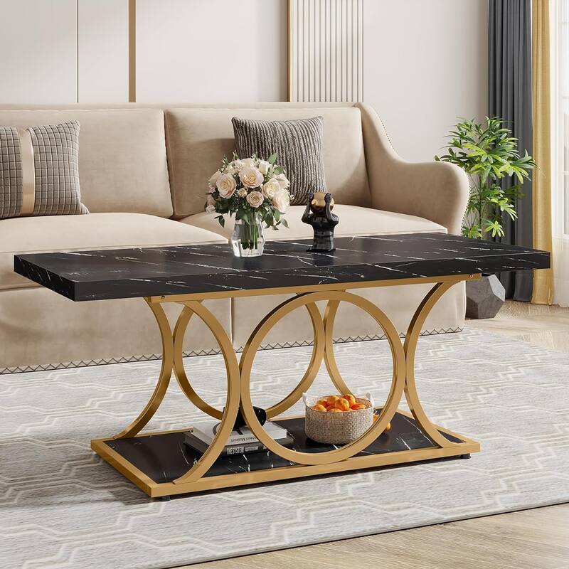 47.24-inch Rectangle Coffee Table, 2-Tier Modern Faux Marble Coffee Tables - Black & Gold