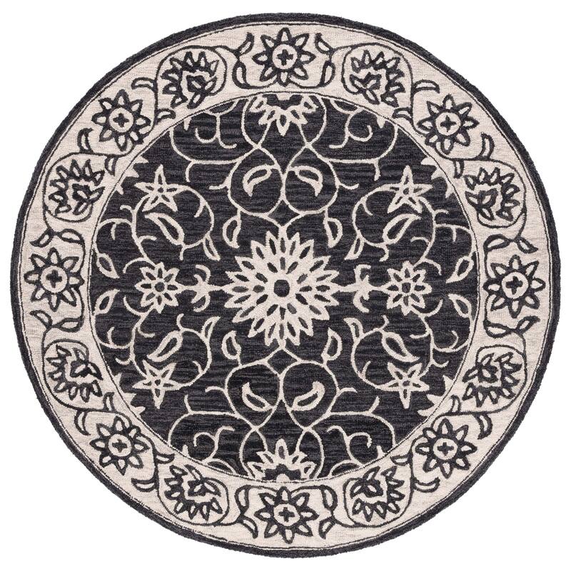 SAFAVIEH Handmade Jardin Trinchen Floral Wool Rug - 6' Round - Black/Ivory