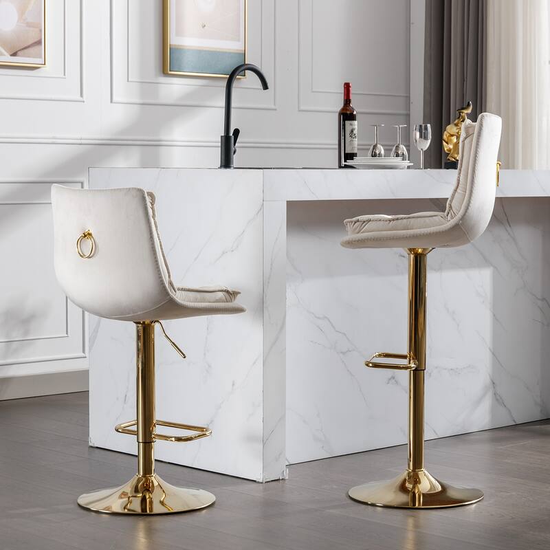 Set of 2 Adjustable Swivel Bar Stools, Cream Velvet with Chrome Footrest & Gold Legs
