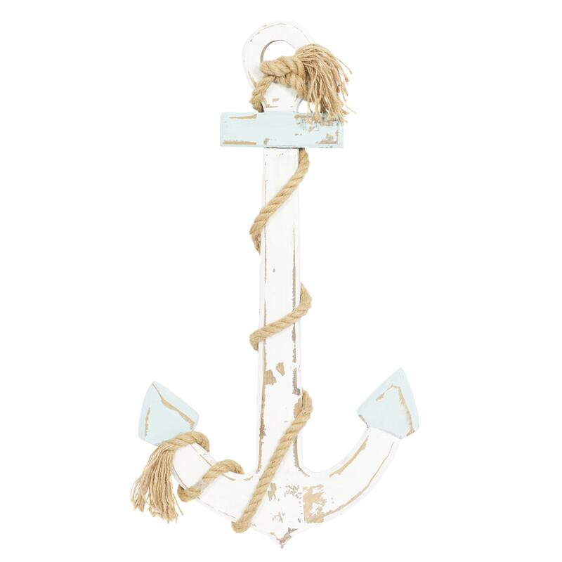 Wood Anchor Home Wall Decor with Twisted Rope - White or Blue - Roche River Decor - White