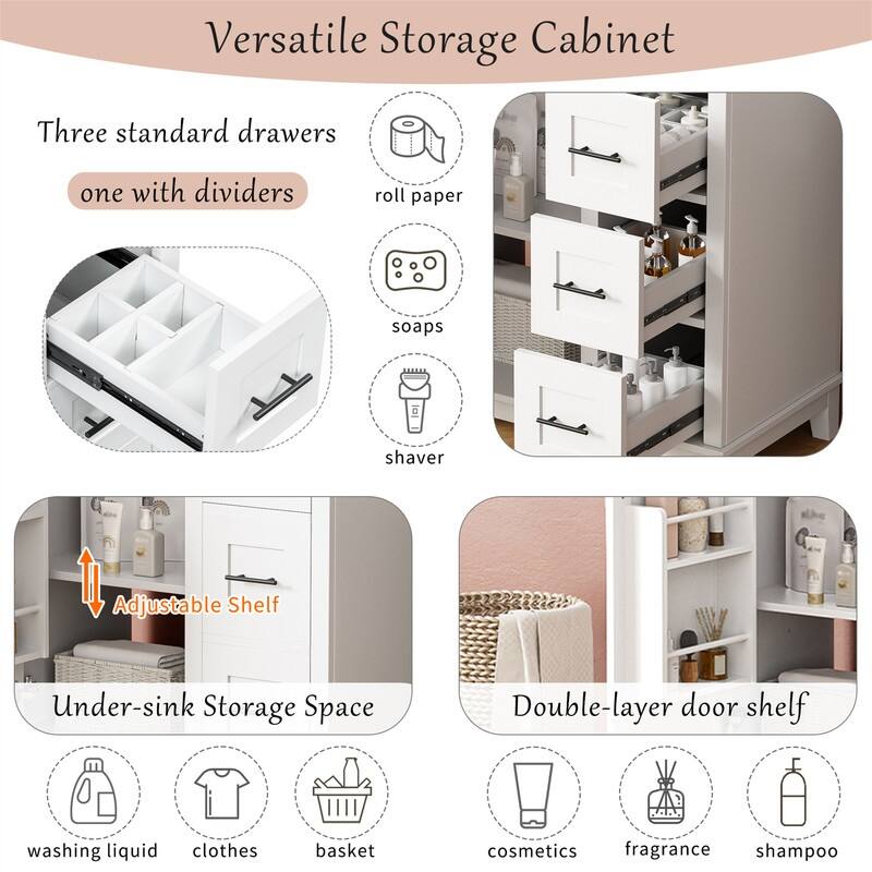 30'' Bathroom Vanity with Ceramic Sink, Freestanding Bathroom Vanity Cabinet with 3 Drawers, 1 Soft Close Door and Storage Rack