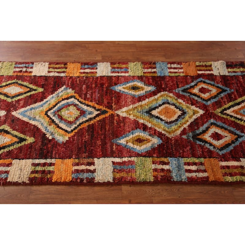 Geometric Red Moroccan Oriental Runner Rug Handmade Wool Carpet - 2'11" x 9'9"