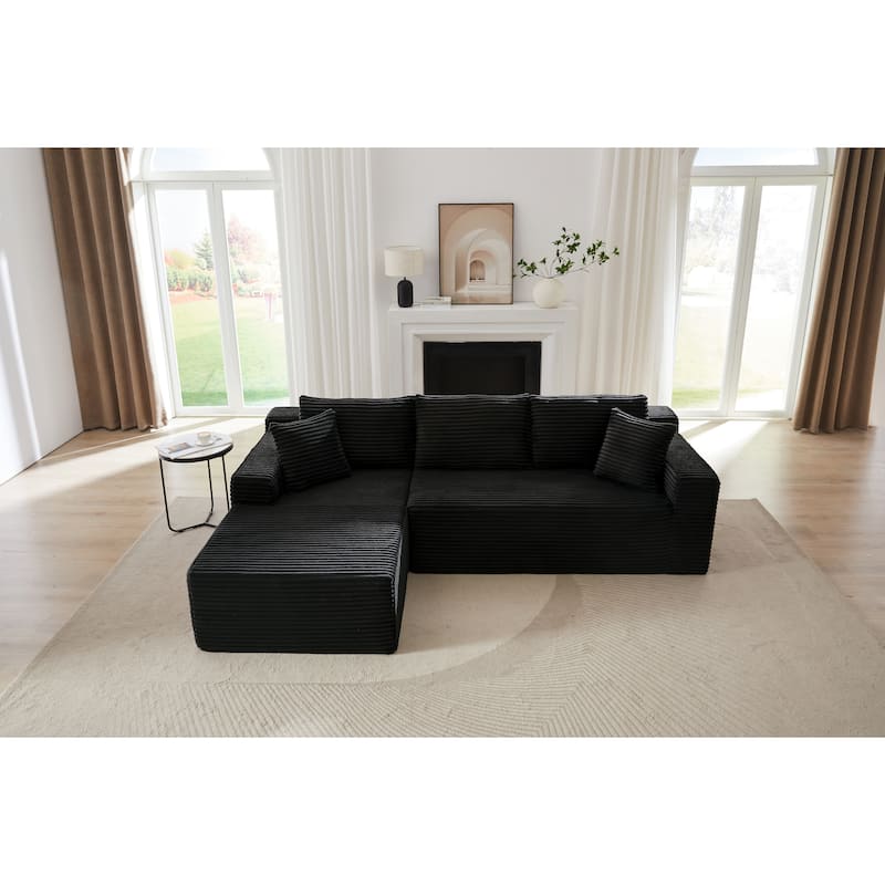 L-Shaped Modular Sectional Sofa with Chaise Lounge, Corduroy Cloud Boneless Couch with Deep Seat, Full-Compression 4 Seat Sofa - Black