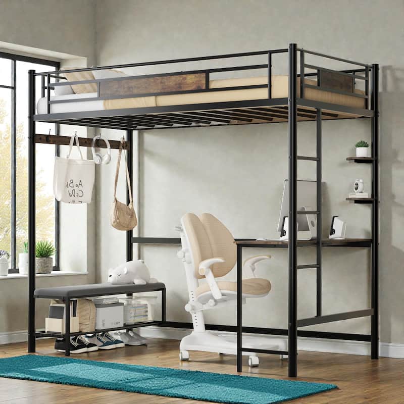 Twin Loft Bed Frame with Storage, L-Shaped Desk, Coat Rack, Shoe Bench, Shelves & Power Outlet, Metal No-Box-Spring Design