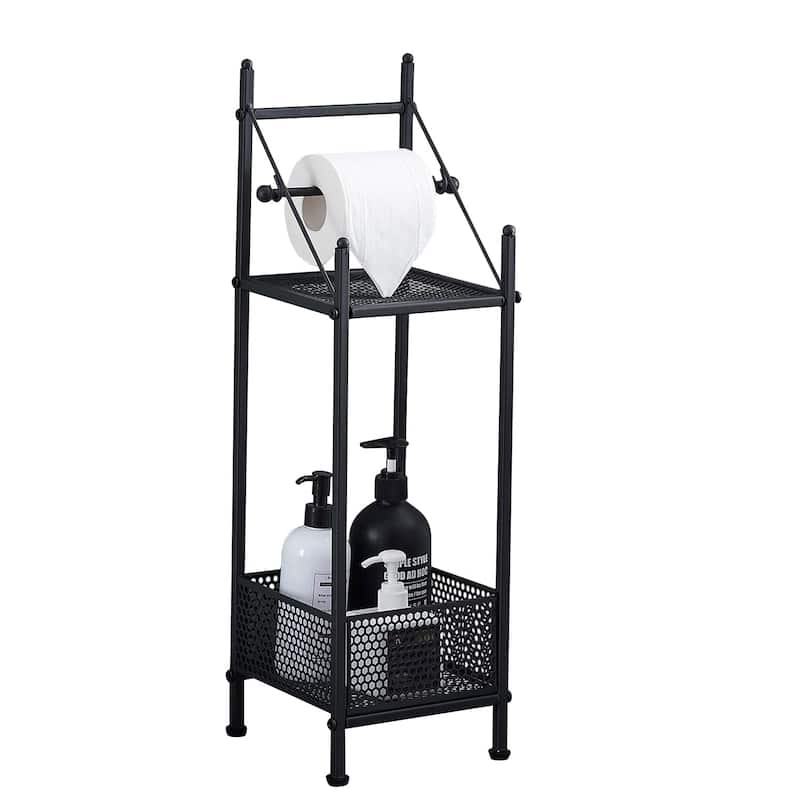 Modern 2-Tier Bathroom Paper/ Towel Rack, Free Standing Toilet Paper Utility Storage Shelf Rack, Black - Black