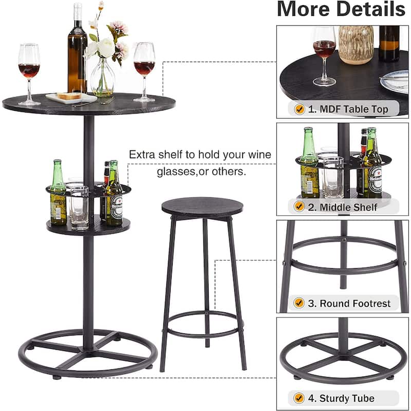 VECELO Bar Table Set, Round Bistro Bar Table Wooden Top, Sturdy Metal Frame with Pedestal, Set of 1/3