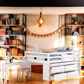 Versatility Galore Full Size Wooden Loft Bed with Retractable Writing Desk and 4 Drawers
