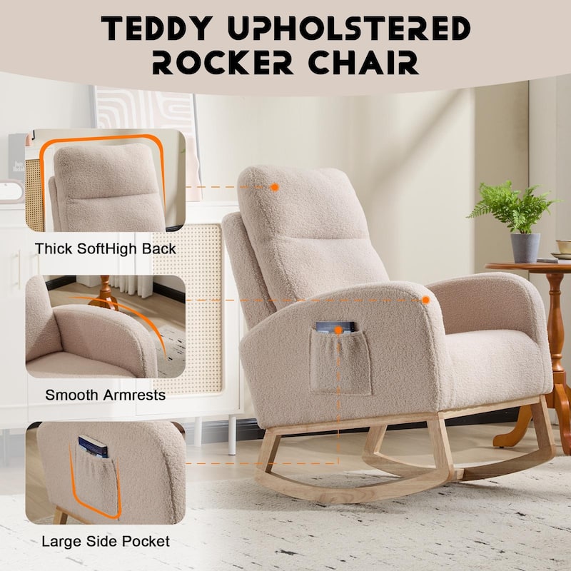 Solid Wood Modern Rocking Chair with High Back and Pocket - 29.5" D x 24.8" W x 40.9" H