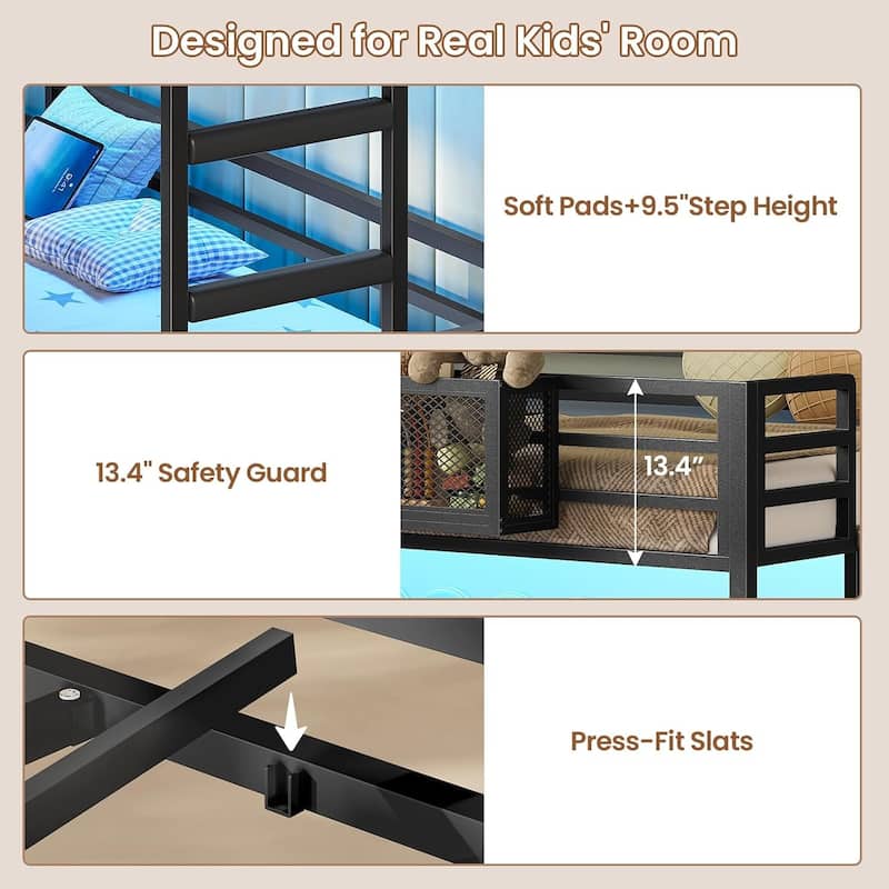 House Low Loft Bed Twin Size Storage Drawers Bookcase LED Lights
