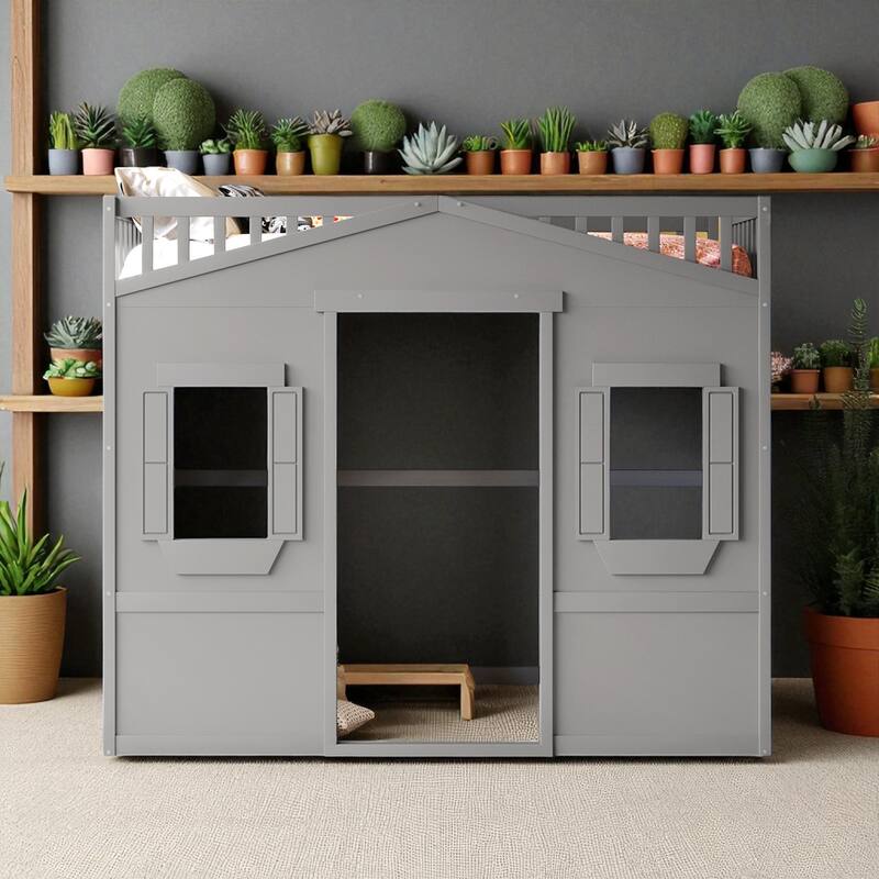 Twin/Full Size Wood Loft Bed with Ladder and Guardrails, House-Style Frame for Kids or Teens