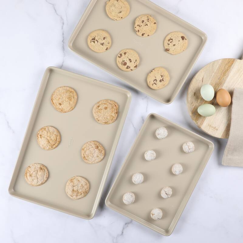 Martha Stewart 3-Piece Cookie Sheet Set - 13", 15", 17" Baking Pans, Ceramic Nonstick, PFA-Free, Carbon Steel