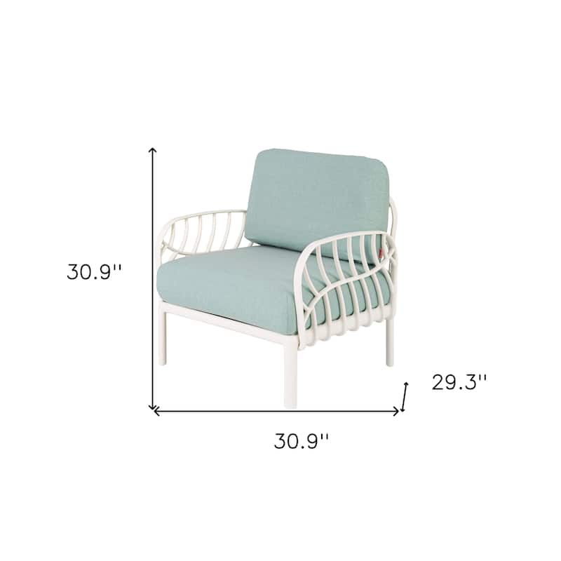 31" White Heavy Duty Plastic Outdoor Armchair With Sea Green Cushion